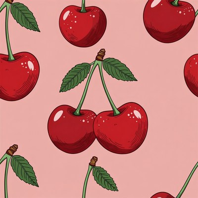 Red Cherries Pattern on Pink Background