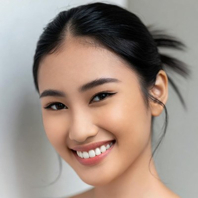 Smiling Asian woman with ponytail