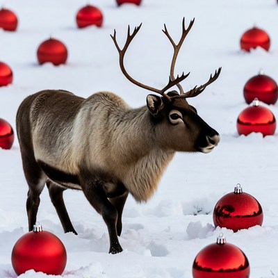 Reindeer Among Red Christmas Baubles Snow