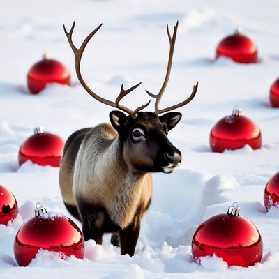 Reindeer surrounded by red Christmas ornaments
