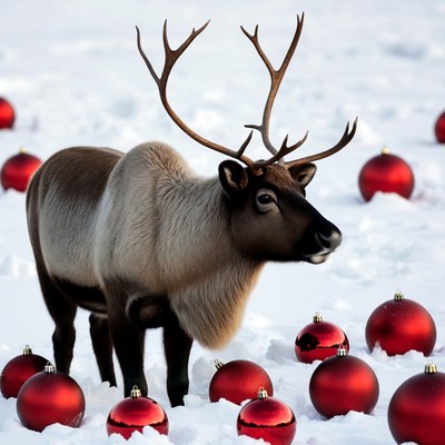 Reindeer with red Christmas ornaments in snow