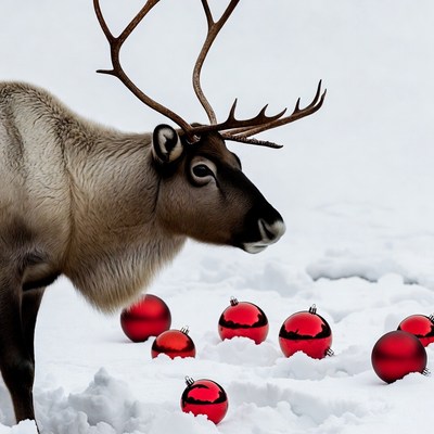Reindeer with red ornaments in snow