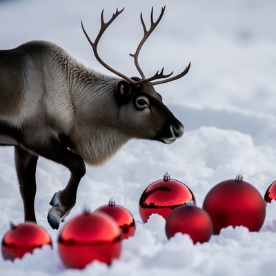 Reindeer walking among red Christmas baubles