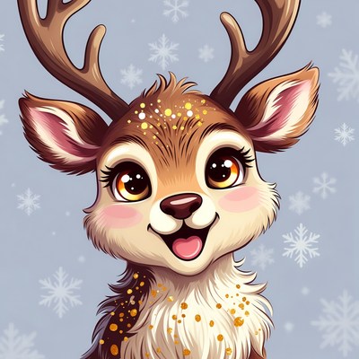 Cute Cartoon Reindeer with Snowflakes