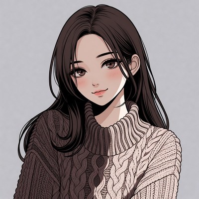 Anime girl in black white turtleneck sweater