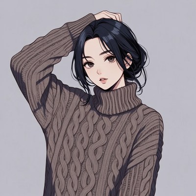 Anime girl hand on head in turtleneck