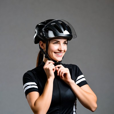 Smiling woman adjusting cycling helmet