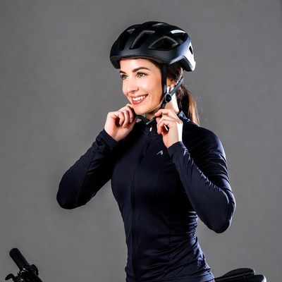 Woman adjusting cycling helmet