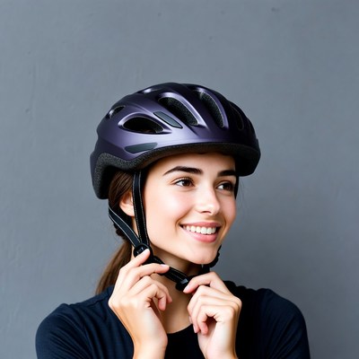 Smiling woman adjusting bike helmet