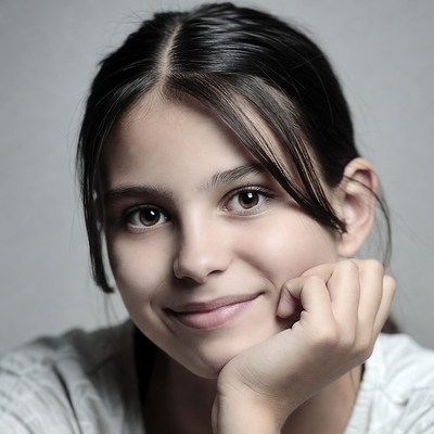 Young girl smiling with hand on chin