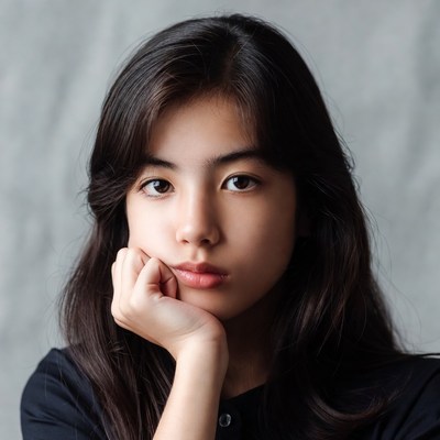 Asian girl resting chin on hand