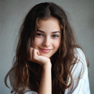 Teen girl smiling with hand on cheek