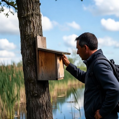 Man touching birdhouse on tree