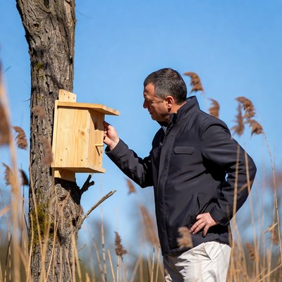Man inspecting birdhouse on tree
