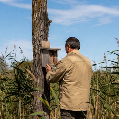 Man checking birdhouse on tree