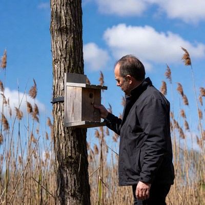 Man checking birdhouse on tree