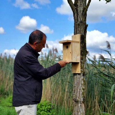 Man installing birdhouse on tree