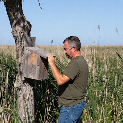 Man checking birdhouse on tree