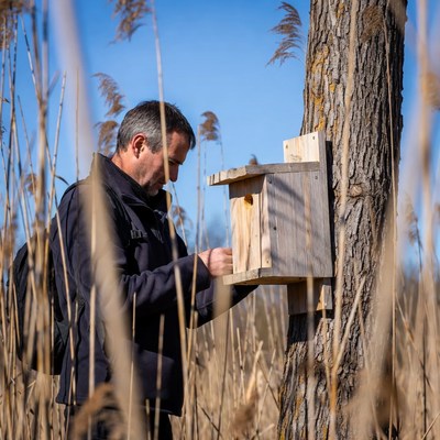Man checking birdhouse on tree