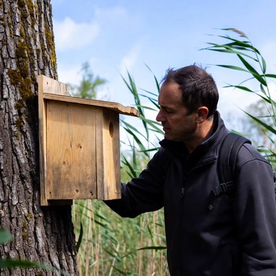 Man examining birdhouse on tree