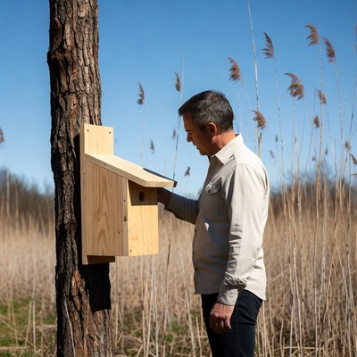 Man installing birdhouse on tree