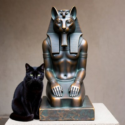 Black cat beside Bastet statue