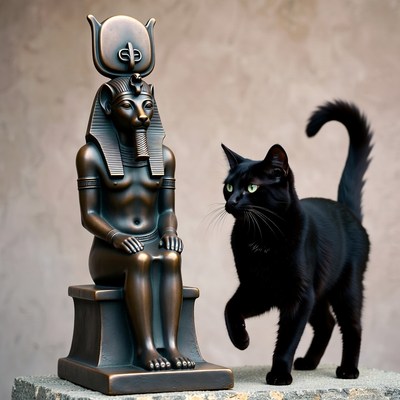 Black Cat Beside Bastet Statue