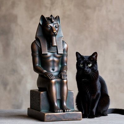 Black Cat Beside Bastet Statue