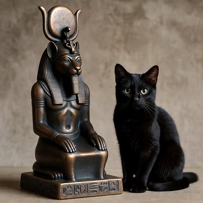 Bastet Statue with Black Cat