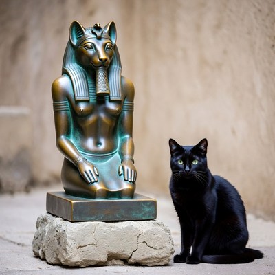 Black Cat Beside Bastet Statue