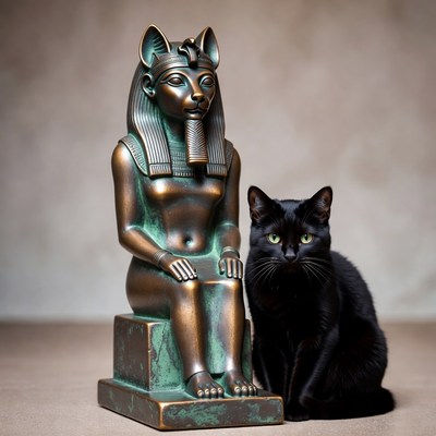 Bastet Statue with Black Cat