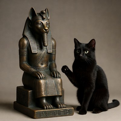 Black Cat Posing with Bastet Statue