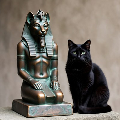 Black Cat Beside Bastet Statue