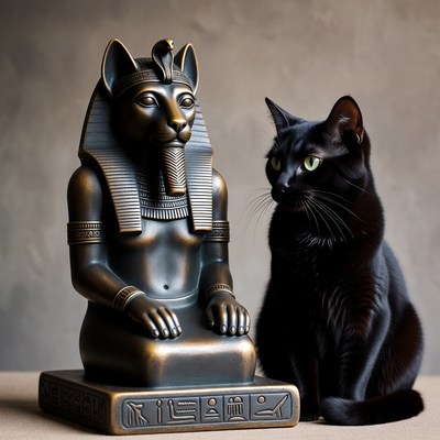 Black cat beside Bastet statue