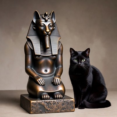 Bronze Bastet Statue with Black Cat