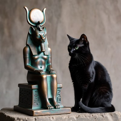 Bastet Statue with Black Cat