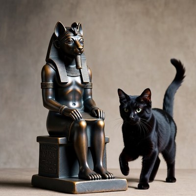 Black Cat Beside Bastet Statue