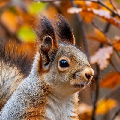 Red squirrel in autumn leaves