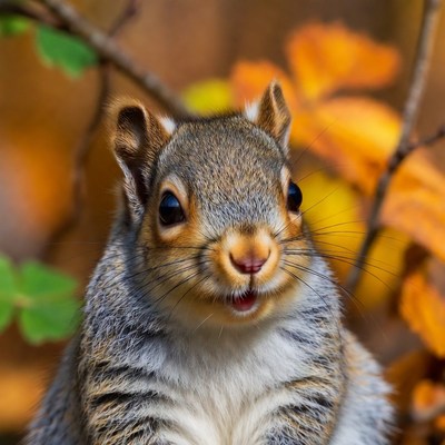 Gray squirrel in autumn leaves