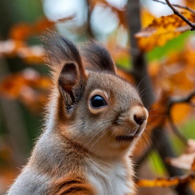 Red squirrel in autumn leaves