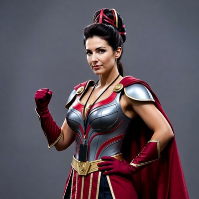 Woman in red superhero armor