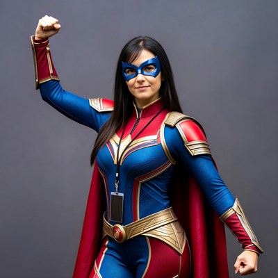 Woman in Blue Superhero Costume Flexing Arm