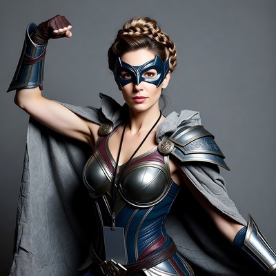 Woman in Blue Superhero Costume Flexing Arm