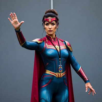 Woman in Captain Marvel costume raising hand