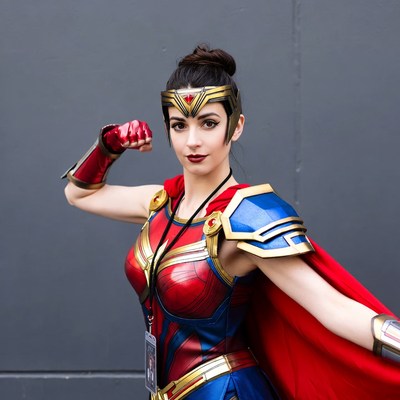 Woman in Wonder Woman cosplay striking pose