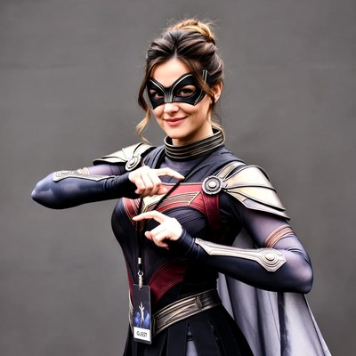 Woman in black superhero costume with mask