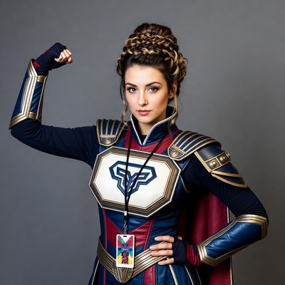 Woman flexing arm in futuristic armor