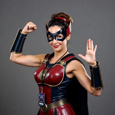 Woman in red Batgirl cosplay flexing arms