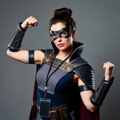 Woman in superhero costume flexing muscles