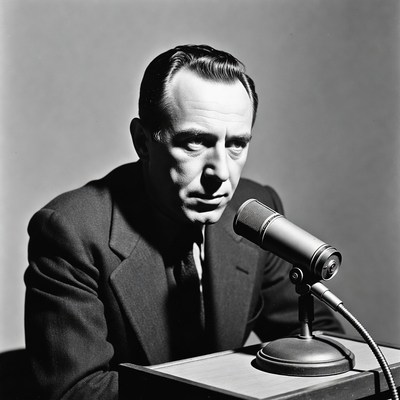 Man speaking into vintage microphone
